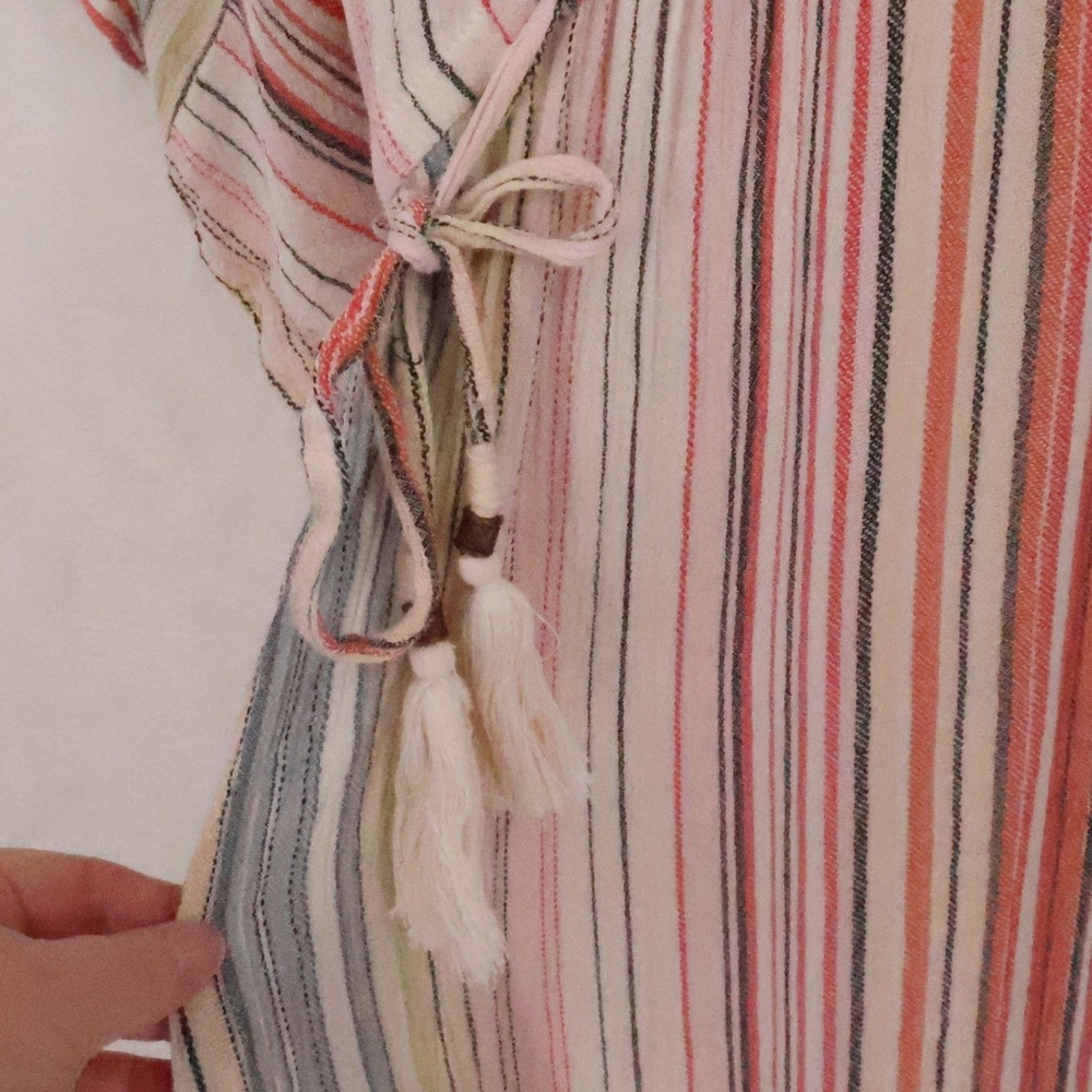 Boho Stripe Kaftan Midi Dress Womens Size L Drawstring Tassel Vacation Resort - Picture 4 of 12